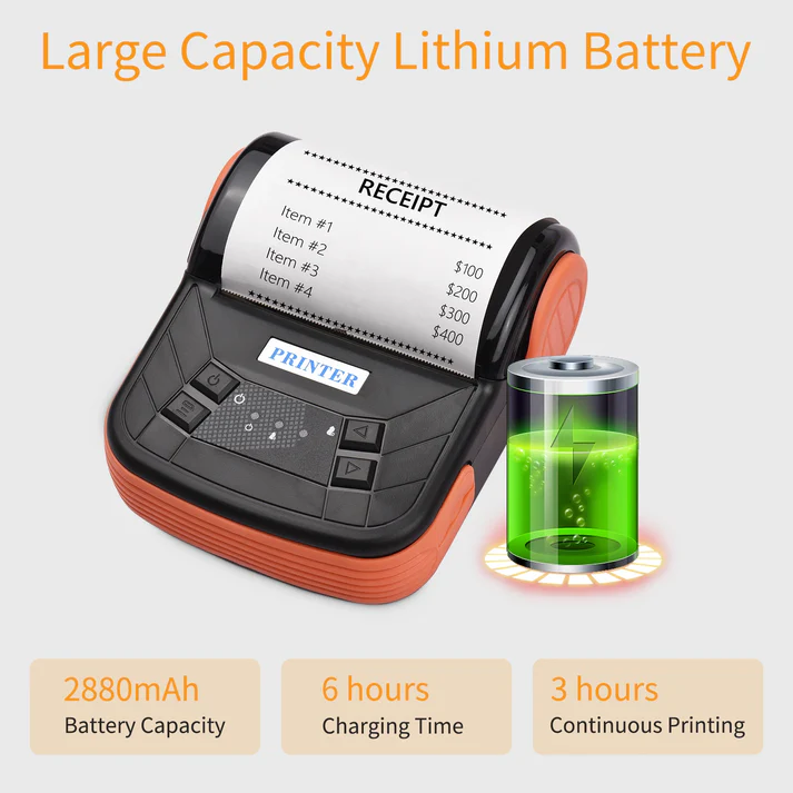 Mini Impressora Térmica Portátil: USB + Bluetooth + Bateria, QRCode, 80mm - PT-300B