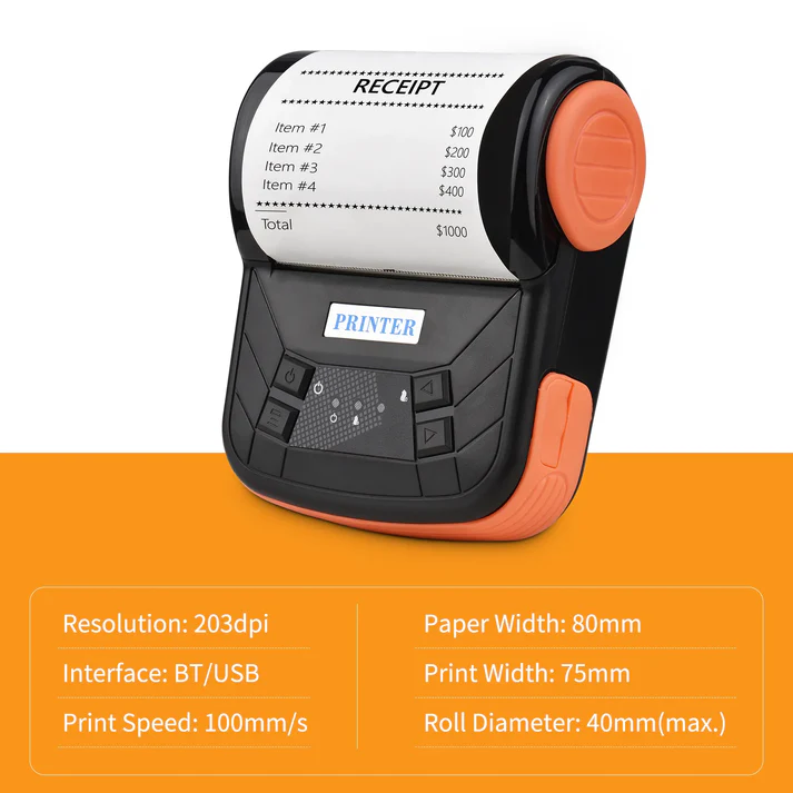 Mini Impressora Térmica Portátil: USB + Bluetooth + Bateria, QRCode, 80mm - PT-300B