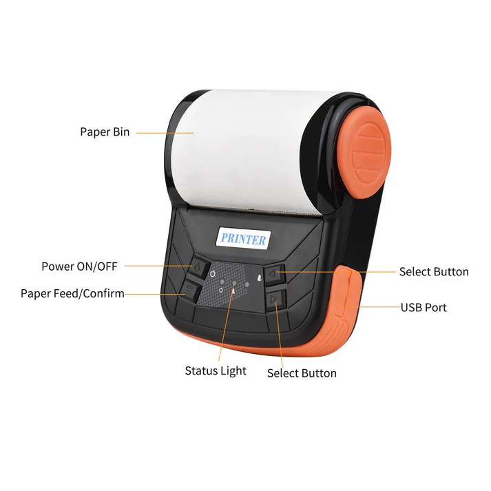 Mini Impressora Térmica Portátil: USB + Bluetooth + Bateria, QRCode, 80mm - PT-300B