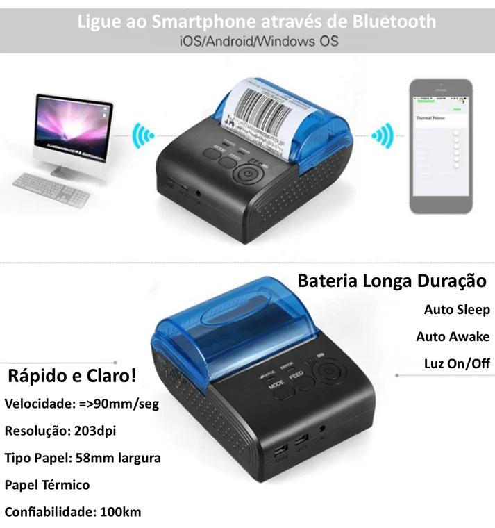 Mini Impressora Térmica Portátil: USB + Bluetooth, QRCode, 58mm - POS-5805DD