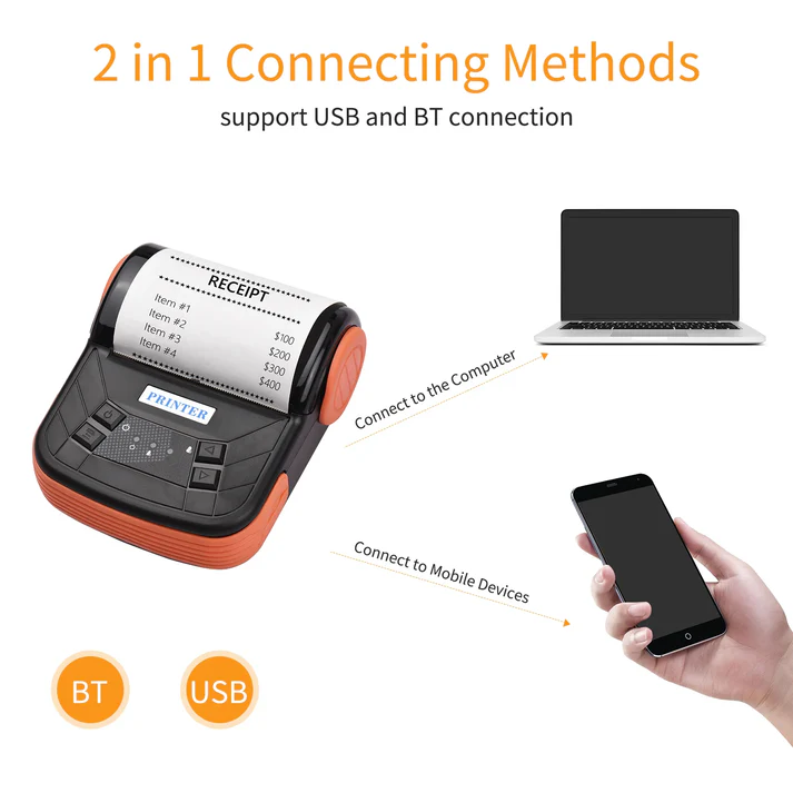 Mini Impressora Térmica Portátil: USB + Bluetooth + Bateria, QRCode, 80mm - PT-300B