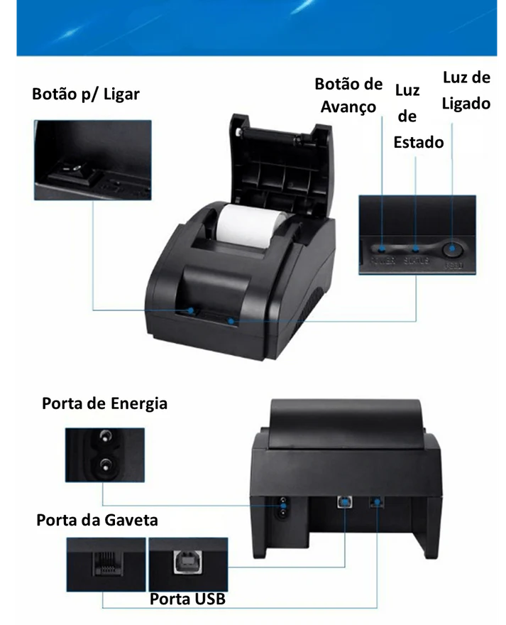 Impressora Térmica Portátil POS: USB + Bluetooth, QRCode, 57/60mm - Xprinter XP-58IIH